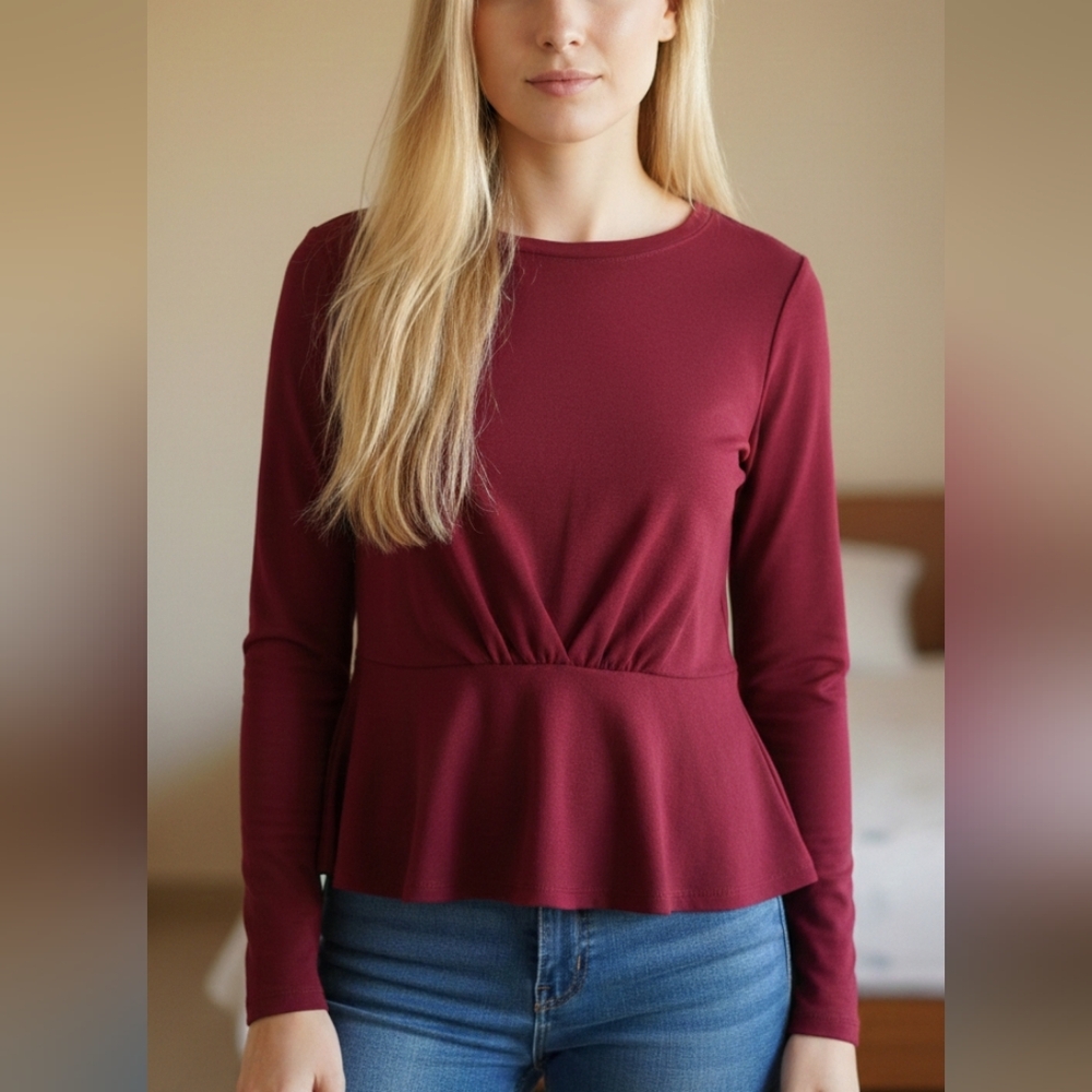 NWT BANANA🍷REPUBLIC Long Sleeve Burgundy🍷Peplum Top LOTS OF STRETCH Sz S